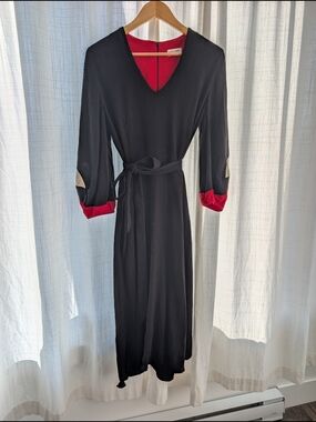 Gorgeous Black Made In Canada Dress With Red And White Design On Long Sleeves